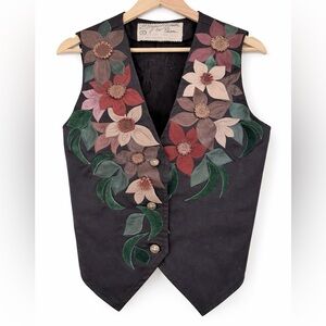 Vintage 90s Leather Floral/Flower Applique Boho Cotton Vest signed by Pura